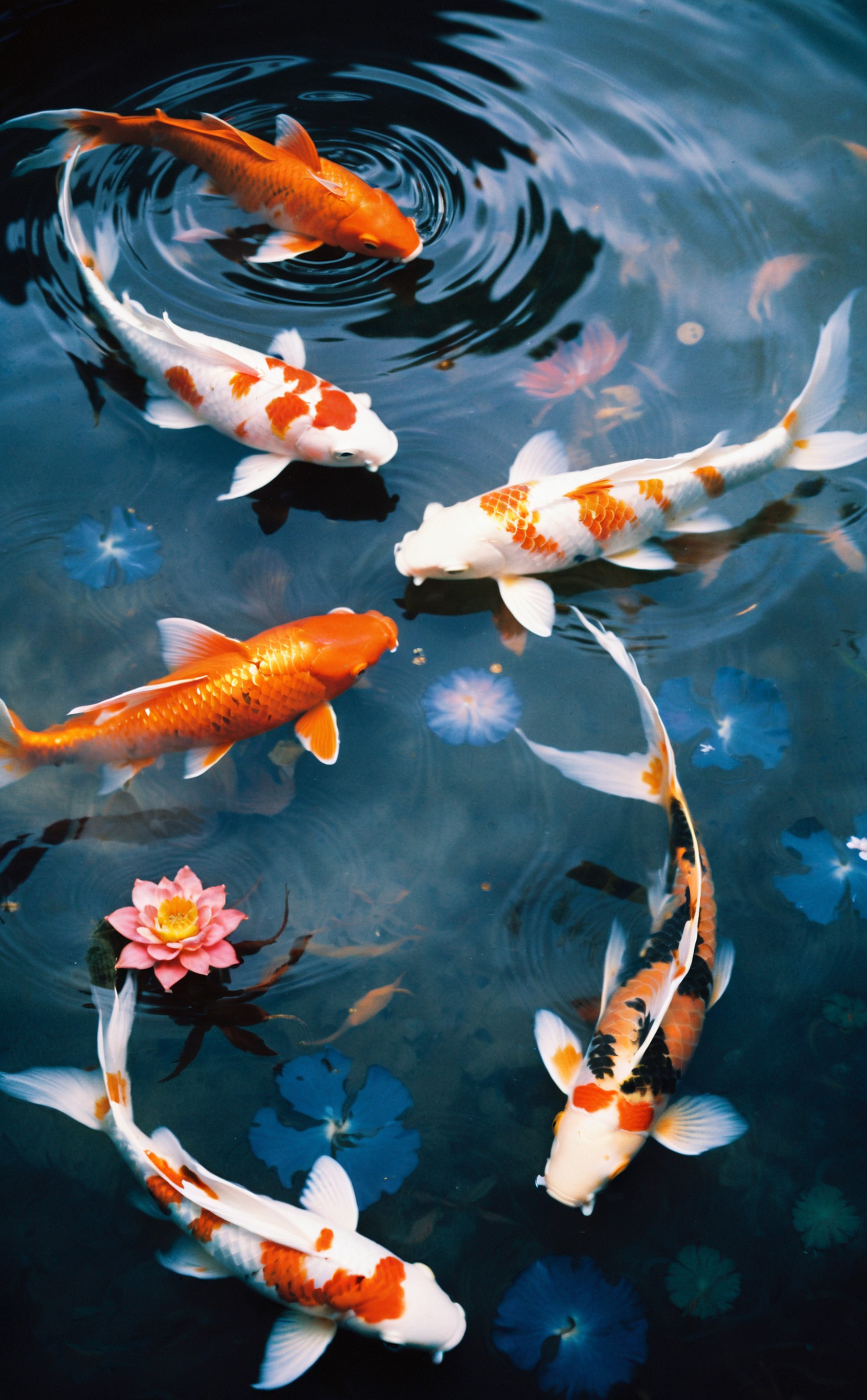 film photography aesthetic,Artistic painting depicting koi fish, swirling water conveying motion, cloudy ethereal backgrou...